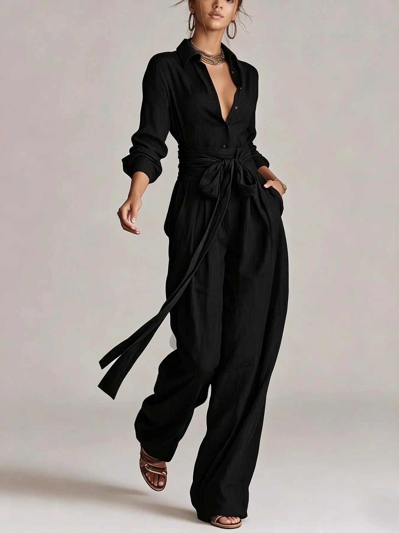 Women's Solid Deep V Neck Long Sleeve Wide Leg Romper, Spring Fall Fashion Casual Button Front, Perfect for Daily Commute, Parties, Holidays