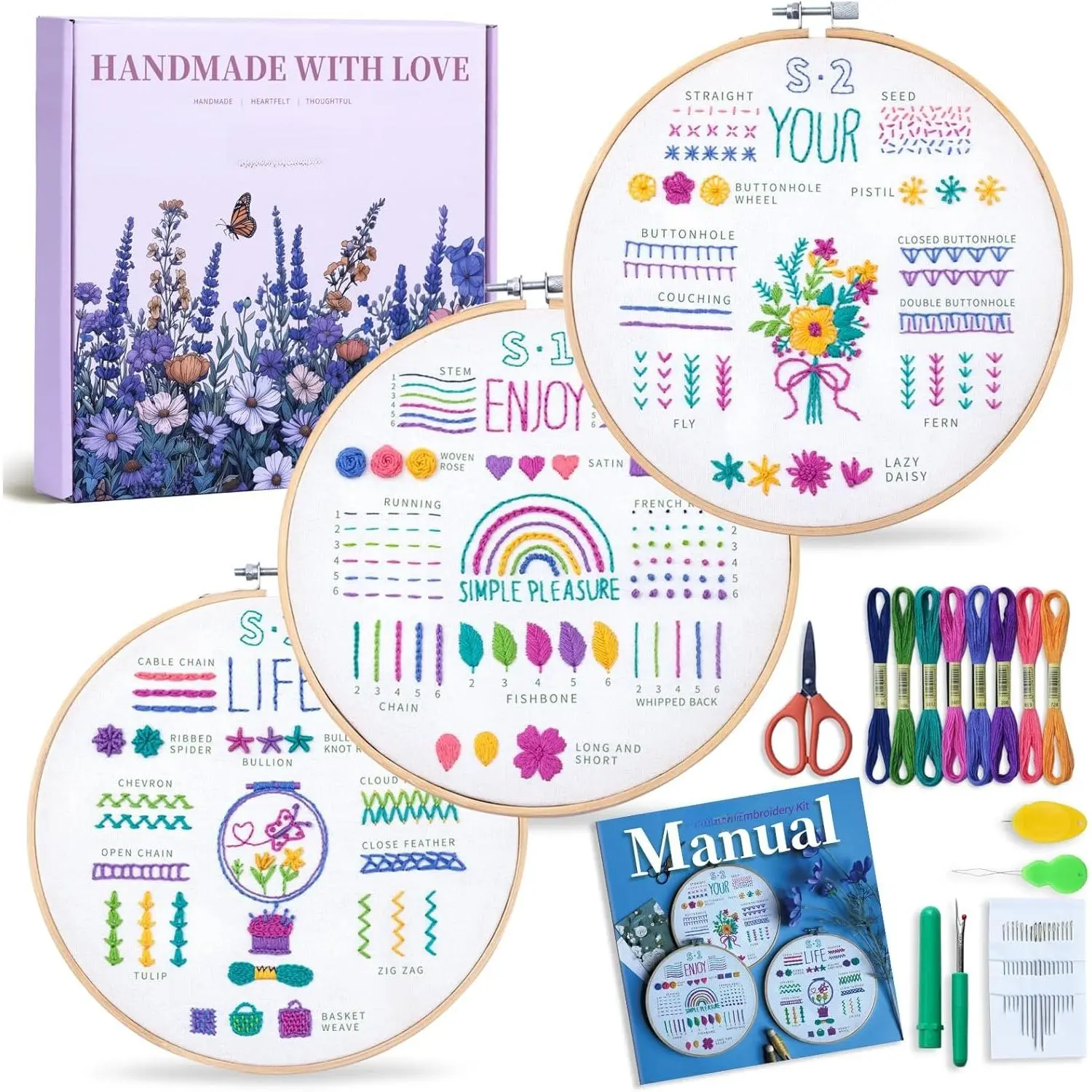 Embroidery Starter Kit for Adults, 3 Simple Patterns to Master 33 Stitches, Easy Step-by-Step 4K  Video Tutorials & Bound Guide, DIY Craft  for Teens