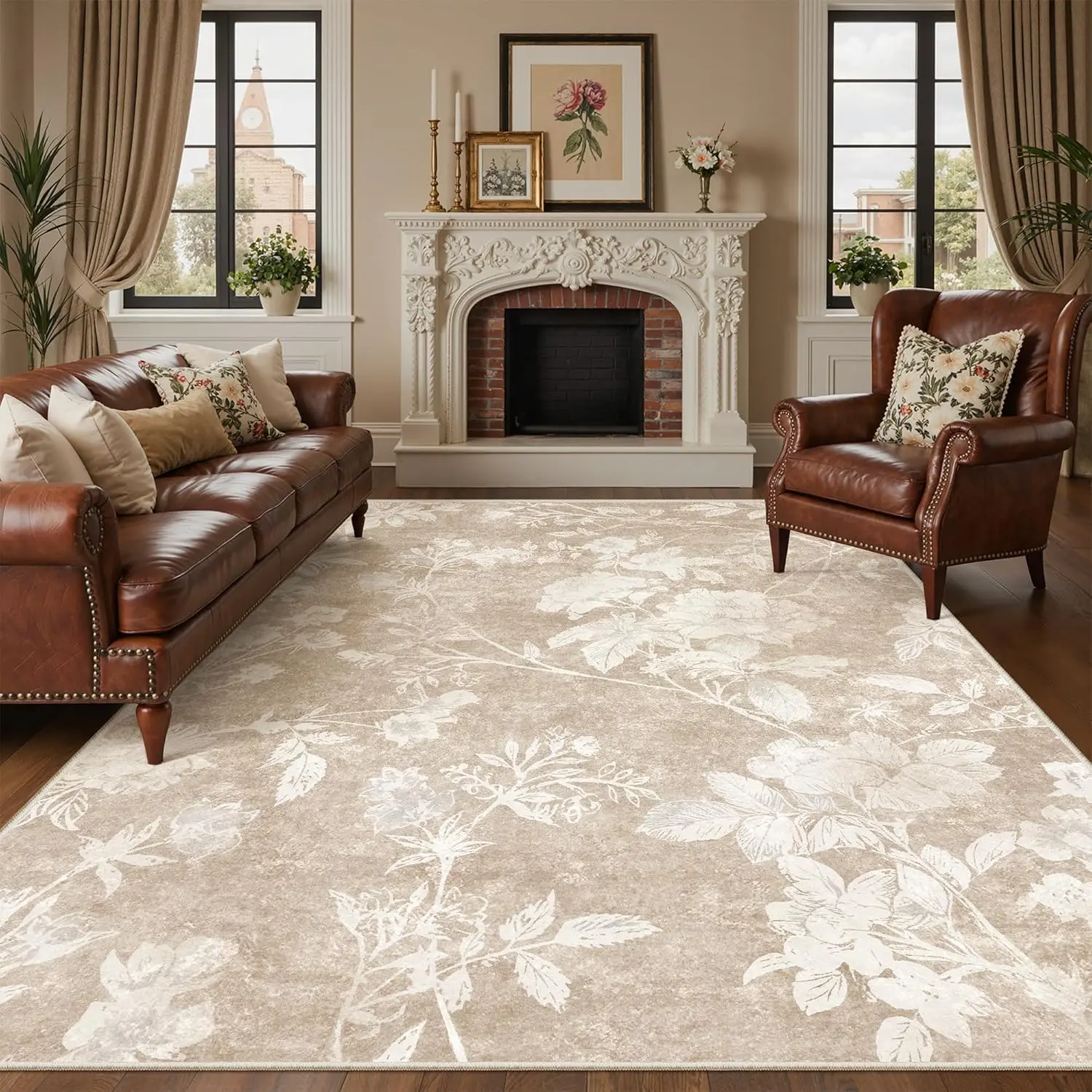 ComiComi Tan Beige Vintage Floral Area Rug, Soft Low Pile Machine Washable Rug, Non-Slip TPR Backing Carpet, Water&Stain Resistant Rugs for Living Room, Bedroom, Apartment, Home Office,  Alfombras Para Sala,    Tuff   Rugs (Various Size,5x7/6x9/8x10)