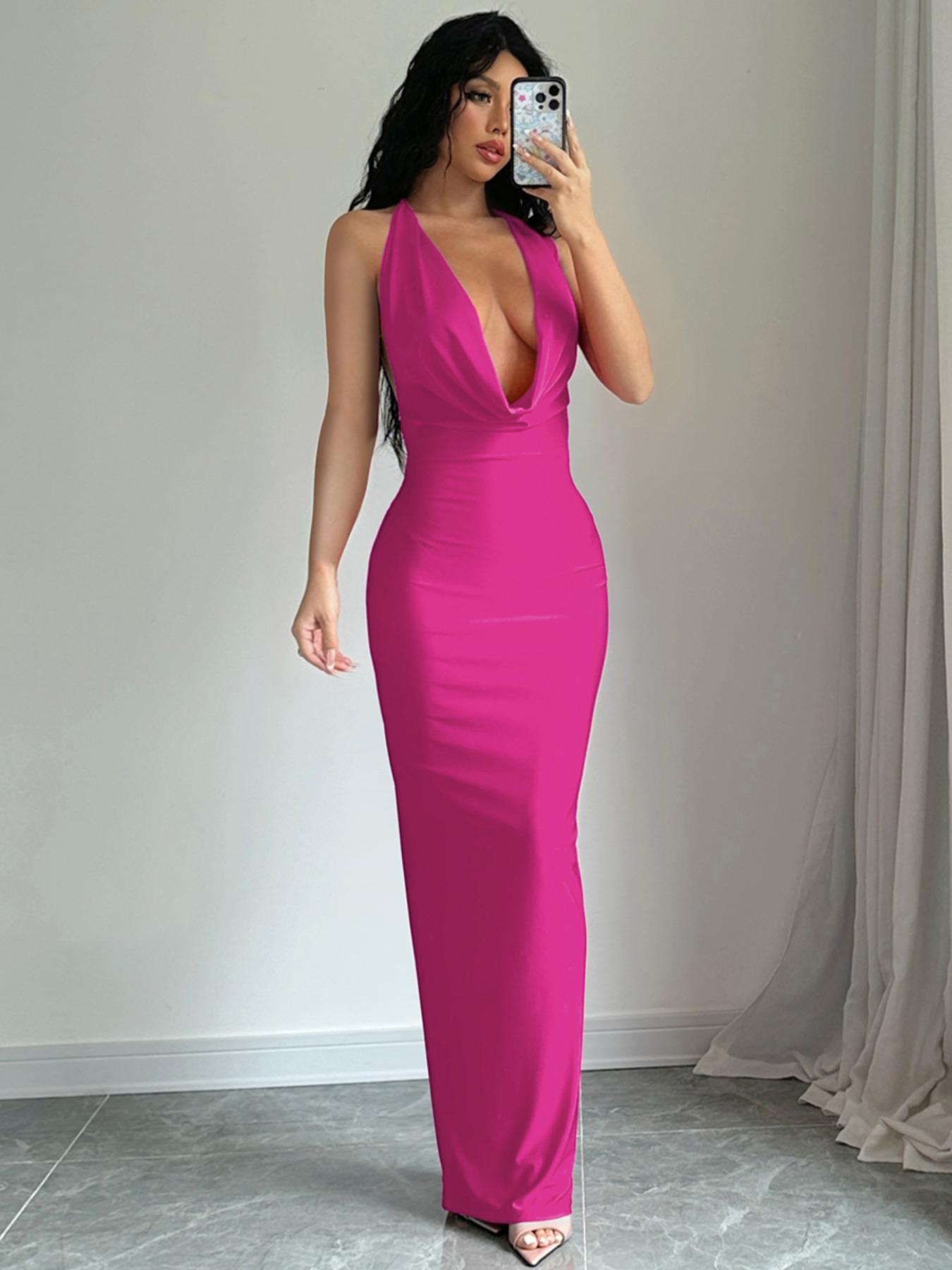 Women's Solid Backless Draped Tie Back Satin Dress, Fashion Halter Neck Sleeveless Long Bodycon Dress for Evening Party, Summer Outfits 2026, Ladies Summer Clothes