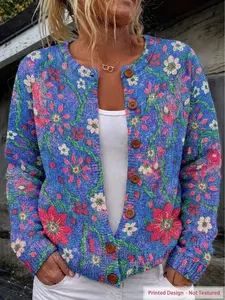 Women'S Fashionable Ribbed Round-Neck Cardigan With Long Sleeves, Printed Design, Wooden Buttons On The Front, Versatile For All Seasons, Loose-Fitting Knitted Coat