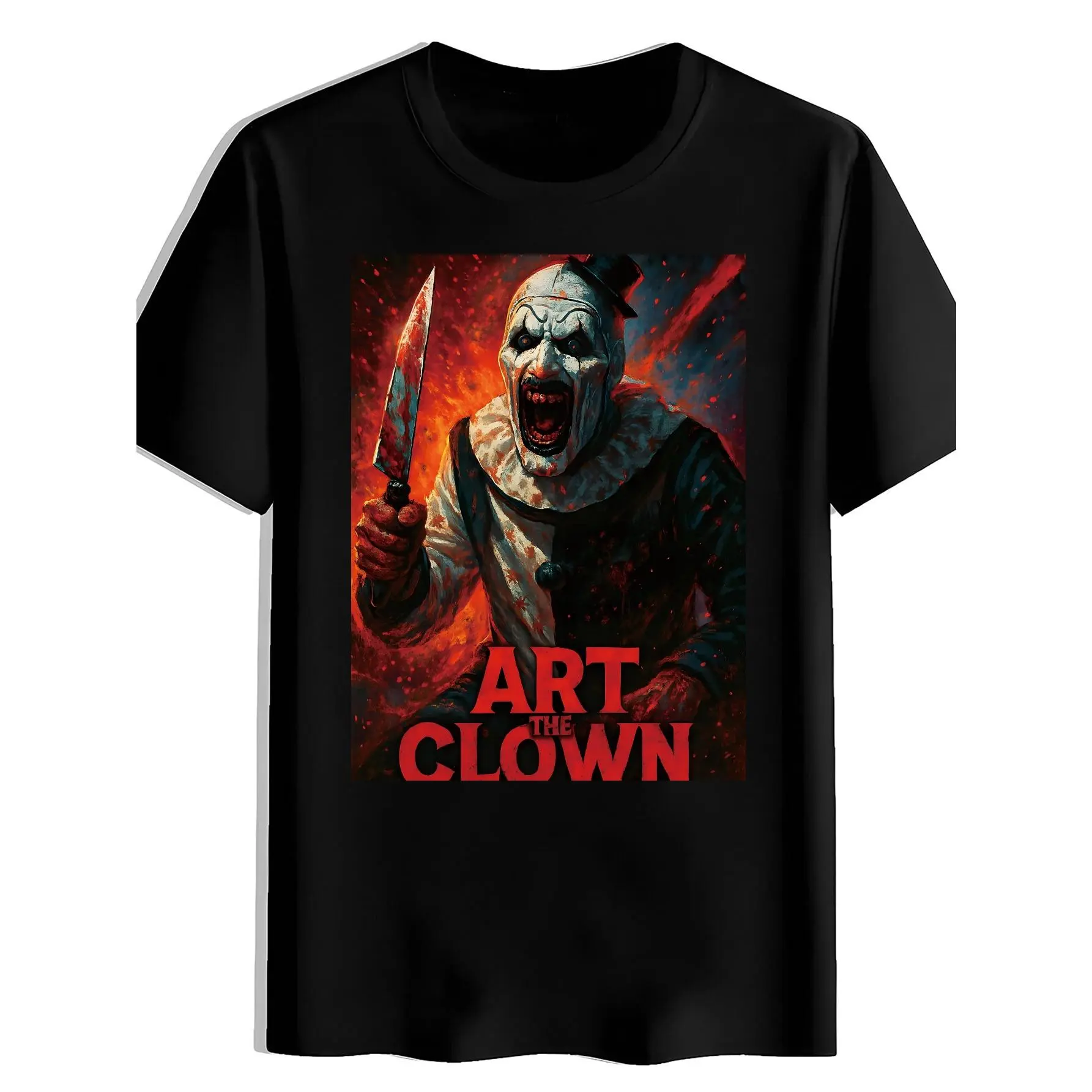 Art The Clown Terrifier Bloody Knife Fire Background Horror Graphic Crew Neck Tee for Men, Classic Cult Horror Movie Evil Clown Oil Painting Style Print Short Sleeve Casual Pullover T-shirt, Halloween Horror Film Fan Regular Fit Knit Top, Slight Stretch D