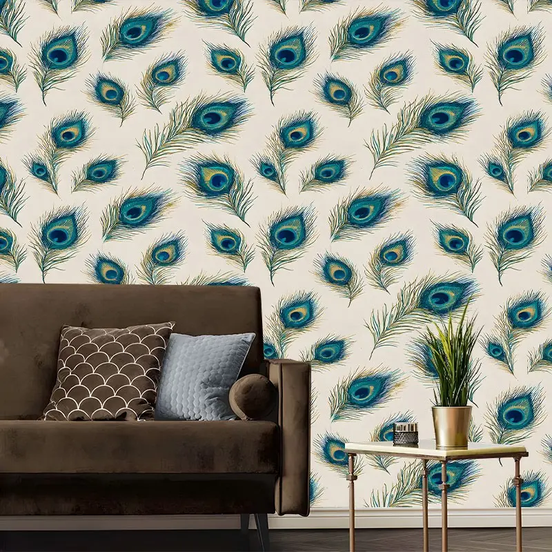 Peacock Feather Peel And Stick Wallpaper Feather Print Stain Resistant Easy To Clean Self Adhesive Removable No Residue Reusable Durable Home Decoration Suitable For Bedroom Living Room Cabinet All Indoor Decor Surfaces