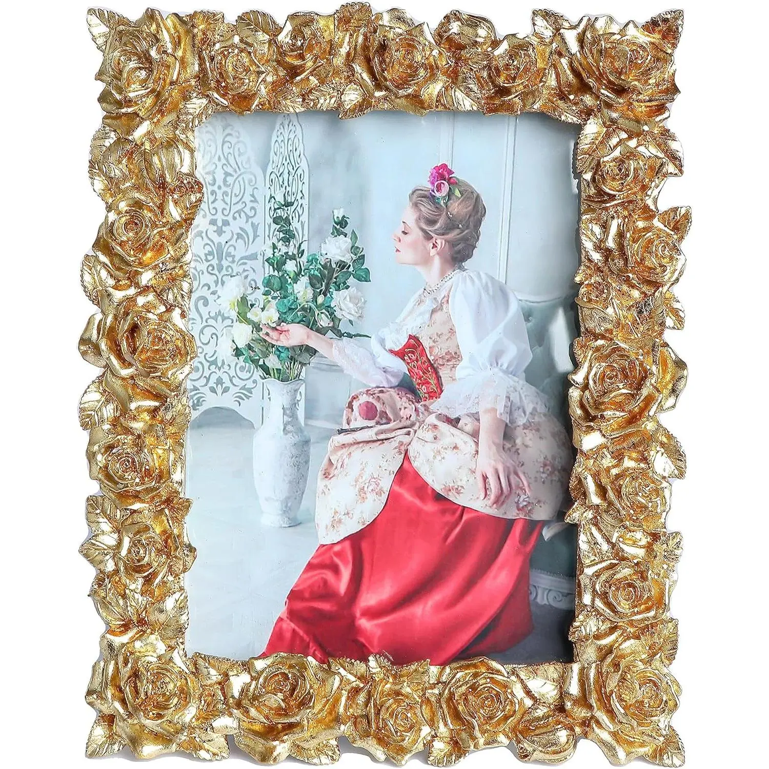 3.5x5 Photo Frame - Retro Floral Rose & Leaf Synthetic Design with Glass Front, Decorative Antique Home Decor, Room Accessories for Tabletop or Wall, Ideal Gift Idea