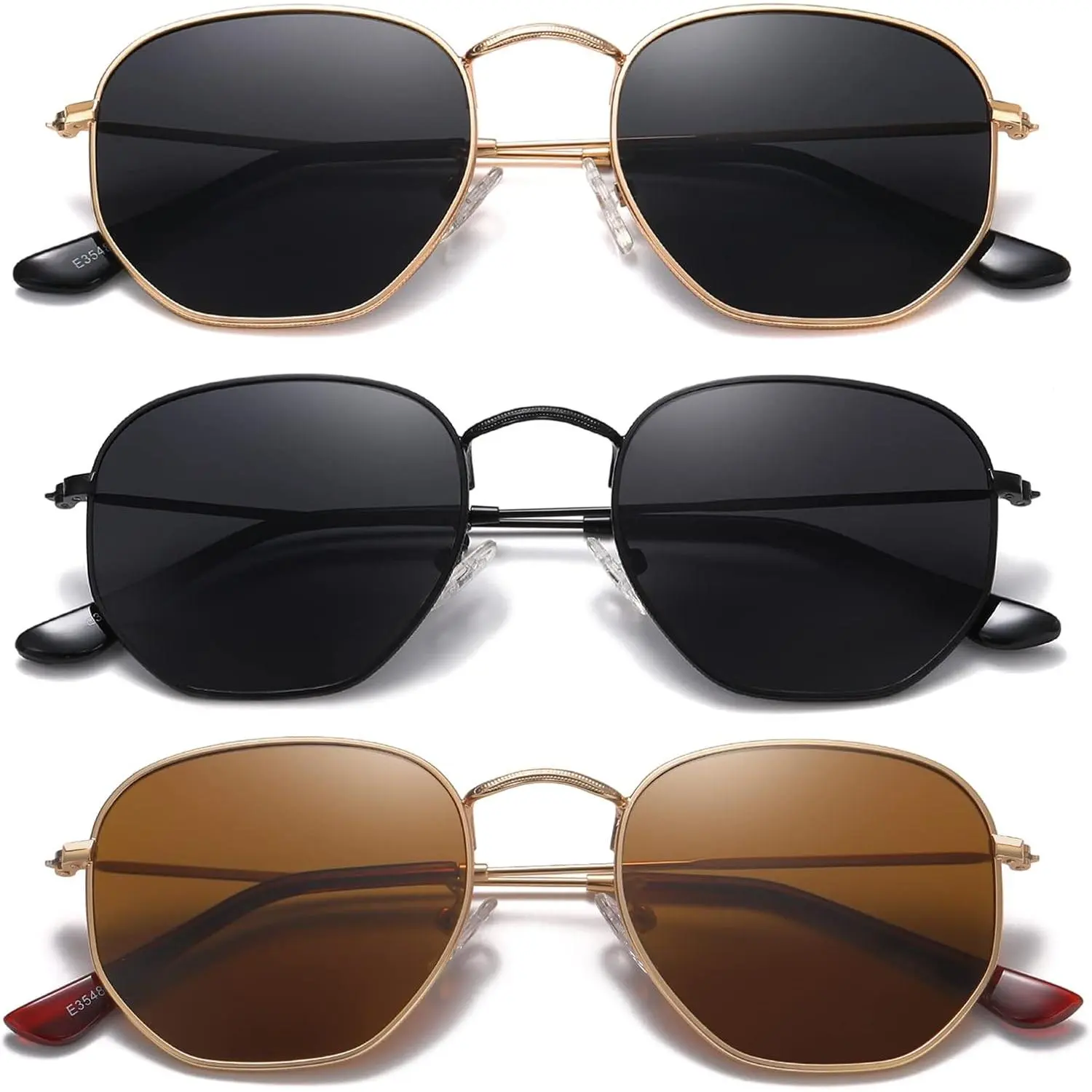 Unisex Polarized Geometric Hexagon Small Frame Sunglasses - UV400 Shield Metal Frame, Retro Look, HD UV Protection Lens, Silicone Nose Pads, Eliminates Reflected Light, Includes Glasses Cleaning Cloth (Selfie Accessory), Tac