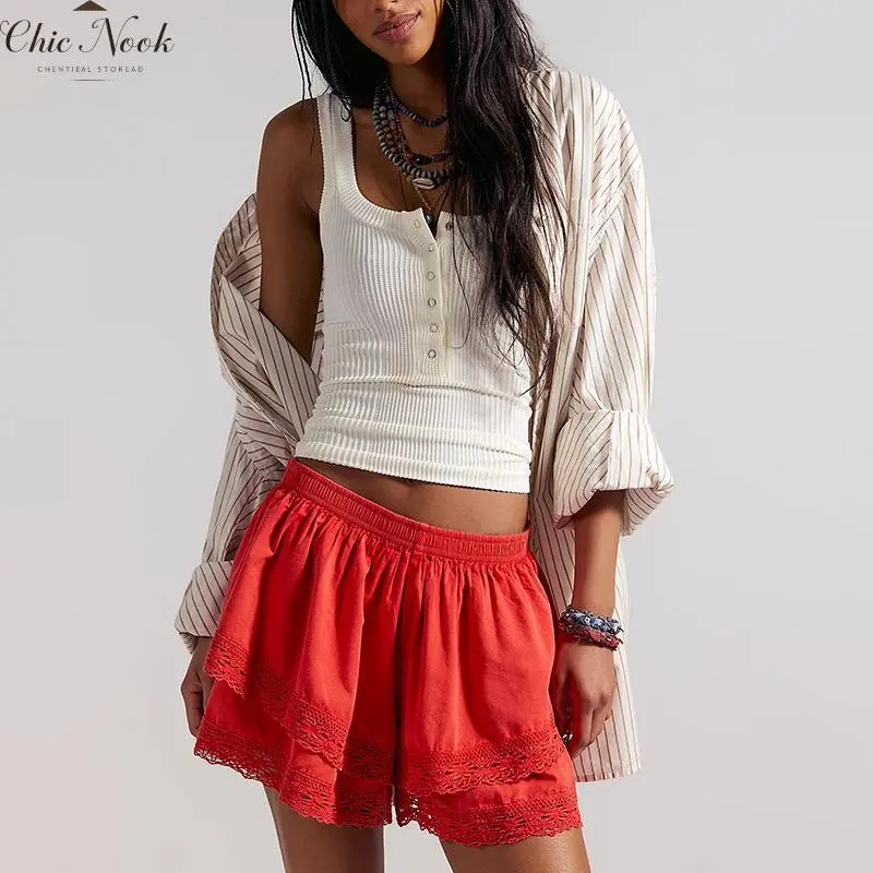 Women Ruffle Lace Hem High Waist A-line Wide Leg Elastic Waist Shorts Summer