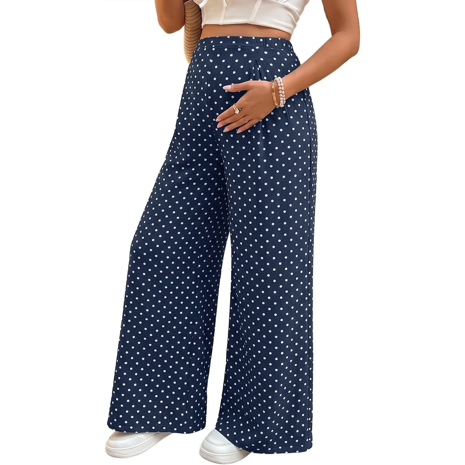 Women's Polka Dot Maternity Pants Wide Leg Pregnancy Trousers | Elegant Polka Dot Elastic High Waisted Pregnancy Pants,Double Layer Mesh Fabric,Perfect for Work, Casual & Postpartum