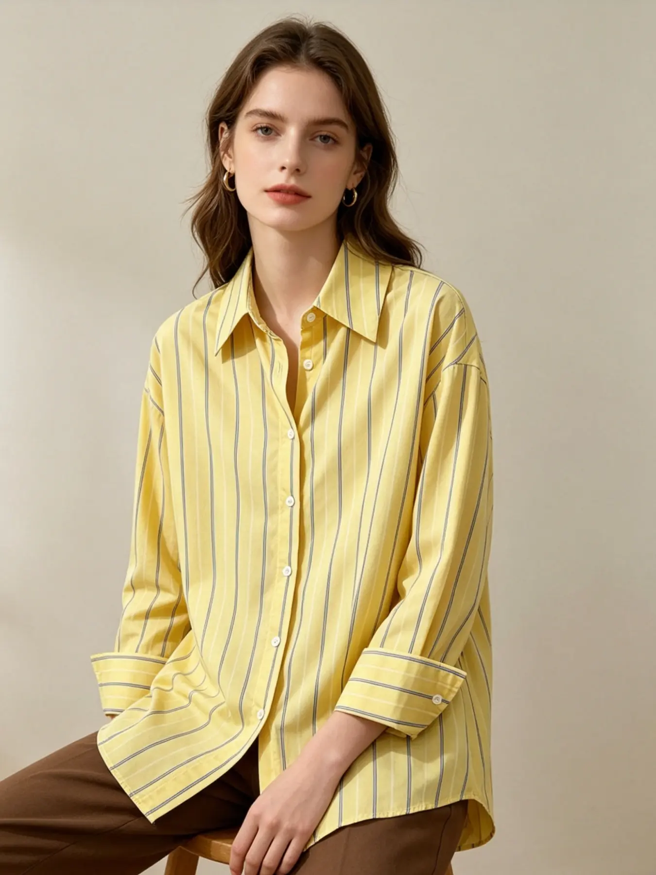 A women's fashionable yellow striped minimalist style shirt with a refreshing color scheme and a hanging fabric that is comfortable and breathable, suitable for commuting, playing, indoor and outdoor wear