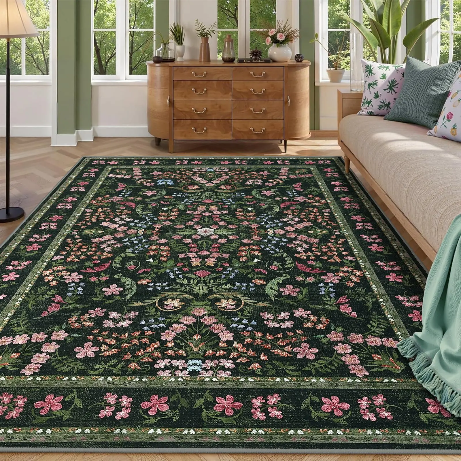GARVEE Washable Area Rug, 5x7 Boho Floral Soft Rugs for Living Room, Non Slip Low Pile Carpet for Bedroom, Dining Room, Nursery, Hallway, Green