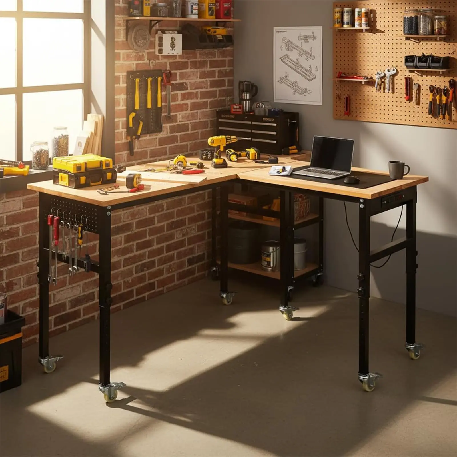 130" Heavy Duty Workbench – 2000lbs, Height 29.5-39.4" – L-Shape 60"+70" with Power Outlets & Pegboard – Garage/Workshop – Rubberwood Top-[Two Packages]