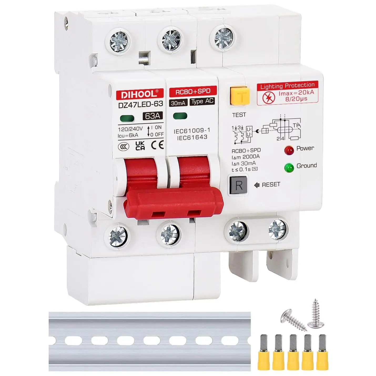 Ground Fault Circuit Breaker with Voltage Surge Arrester Protection, 63 Amp, 2 Poles, AC 120V-240V, DIN Rail Mount Residual Current Circuit Breaker