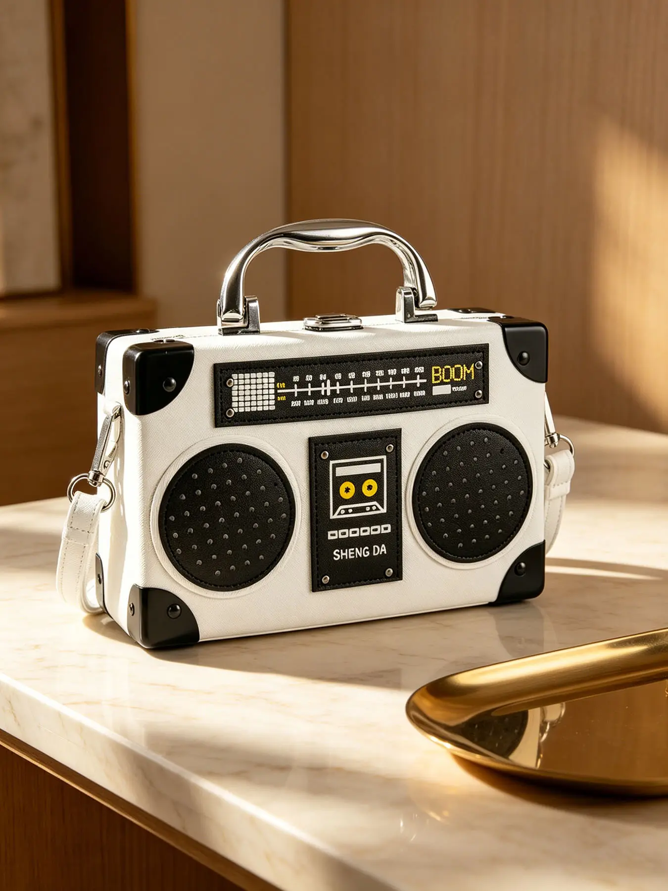 Retro Boombox Style Box Crossbody Bag, Black PU Novelty Radio Shaped Handbag with Detachable Strap, Structured Shoulder Purse, Funky Accessory for Music Lovers & Trendy Outfits