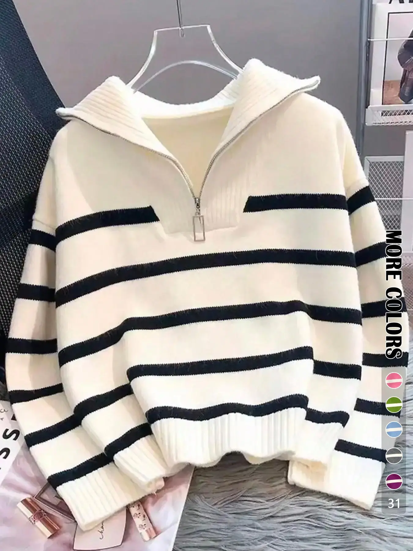 Women's Striped Print Zipper Drop Shoulder Sweater, Casual Long Sleeve Collared Jumper for Daily Outdoor Wear, Women Knitwear Top for Fall & Winter, National Day Clothing