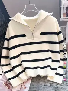 Women's Striped Print Zipper Drop Shoulder Sweater, Casual Long Sleeve Collared Jumper for Daily Outdoor Wear, Women Knitwear Top for Fall & Winter, National Day Clothing