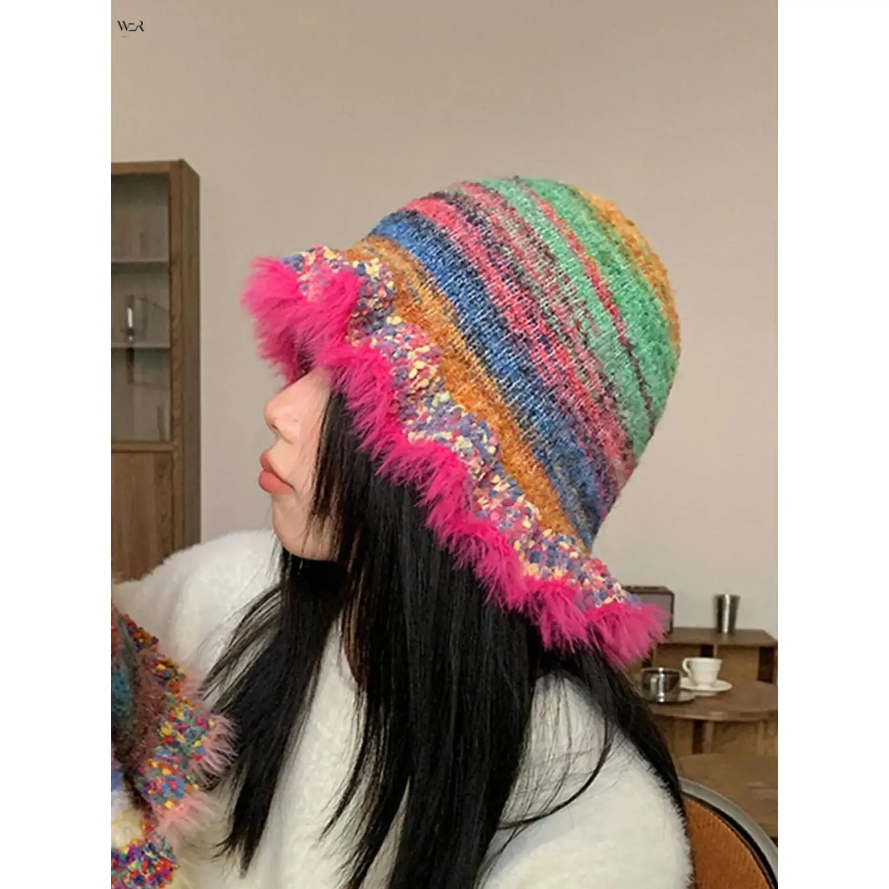 Acrylic Knit Frayed Rainbow Striped Bucket Hat - One Size (28*23cm, 50g), Soft Fuzzy Color Gradient Distressed Brim Fisherman Cap for Vacation, Casual Wear, Soft Fuzzy Rim