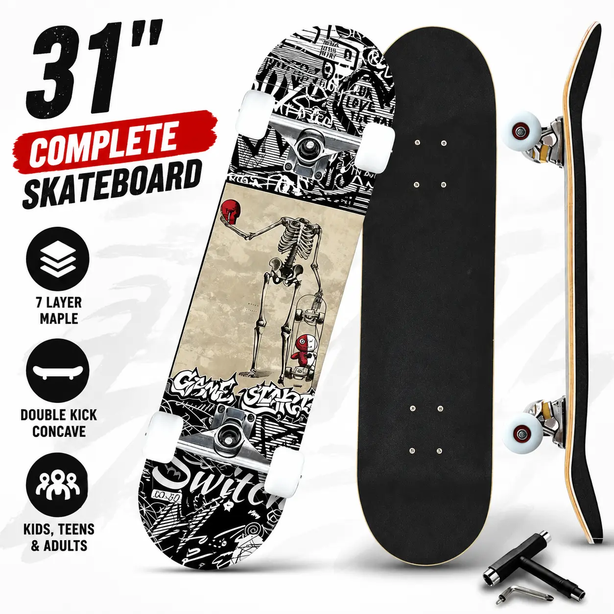 31" x 8" Complete Beginner Skateboard, 7 Layer Canadian Maple Double Kick Concave Board, Suitable for Kids, Teens & Adults