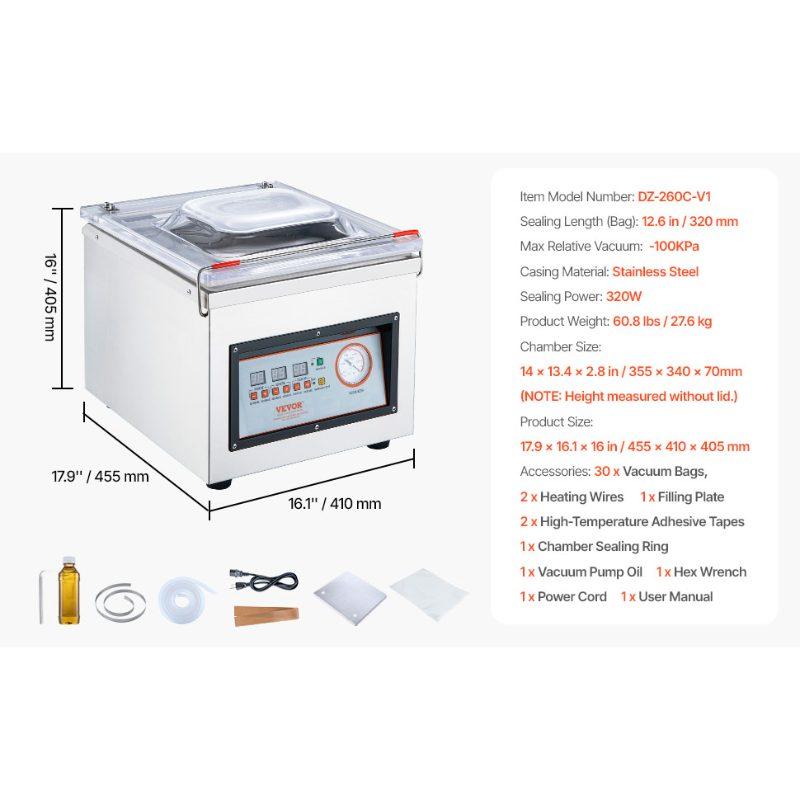 VEVOR Chamber Vacuum Sealer, 320W Sealing Power, Vacuum Packing Machine for Wet Foods, Meats, Marinades and More, Compact Size with 12.6 in Sealing Length, Applied in Home Kitchen and Commercial Use
