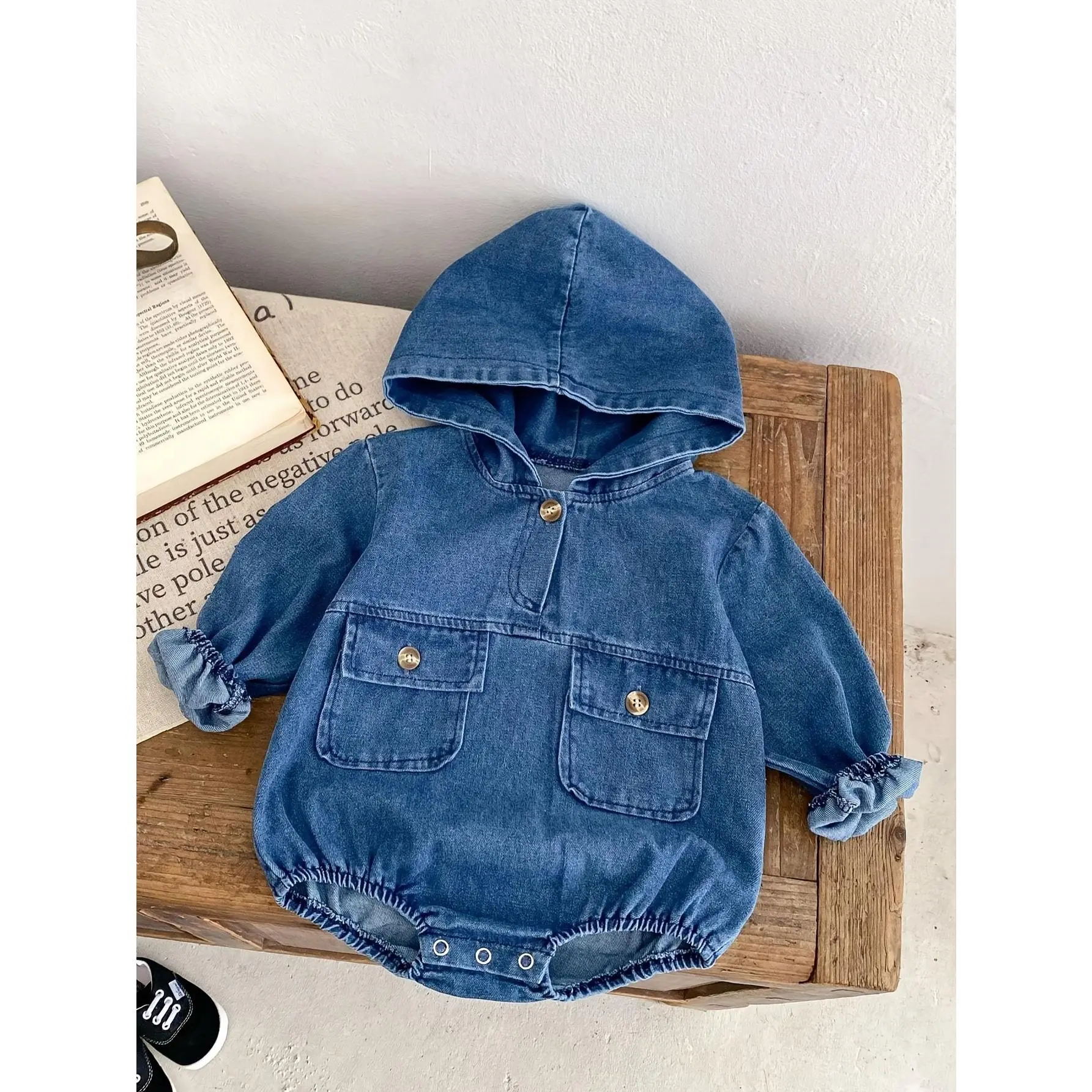 Kids Hooded Denim Jumpsuit, Casual with Pockets, Loose Fit Solid Color Climbing Romper for Boys And Girls, Spring/Fall Wear, for Outdoor
