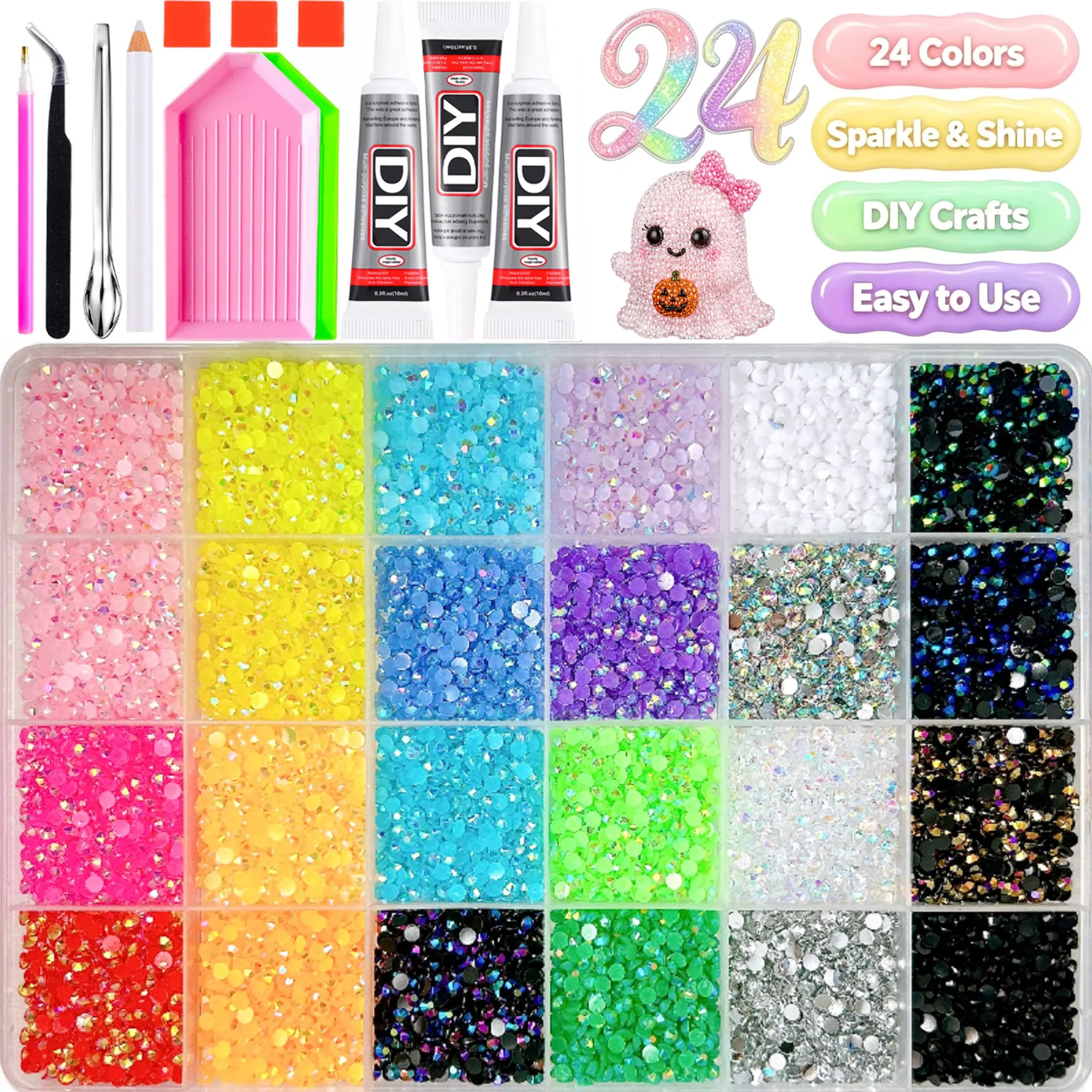 1Box Bedazzling Kit with Rhinestones,24 Colors 3mm Bedazzler Kit Resin Rhinestones Nail Jewelry &Glitter Gems Supplies Nail Art Products Diamond Art Kits Accessories DIY Tumblers Glasses Phone Case Nail Decorations