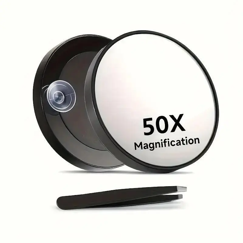 50x Magnification Makeup Mirror Set, Round Mirror with Tweezers, Suction Cup Mount, Home & Travel Use, Essential Beauty Tool