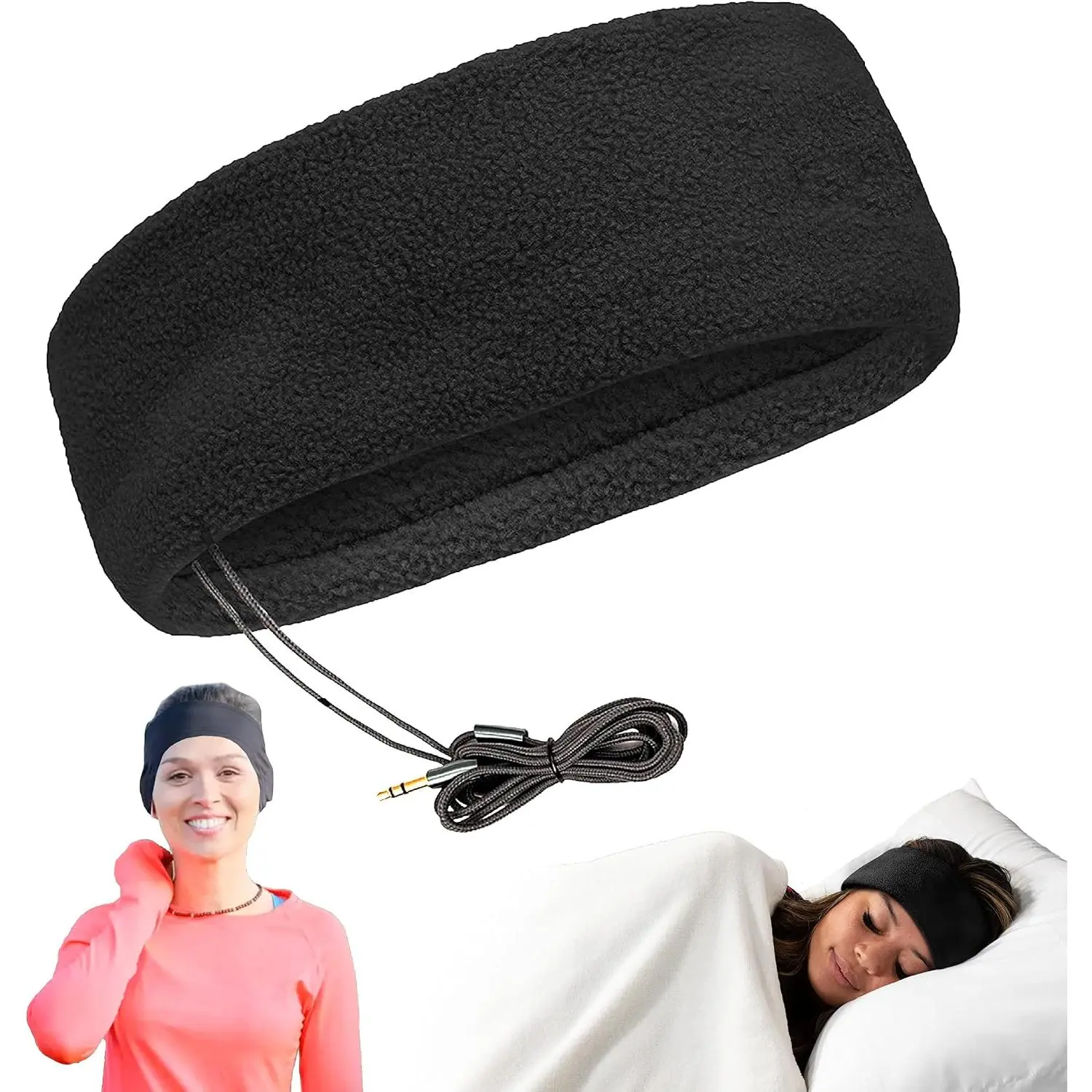 Ultra-Thin Fleece Sleep Headphones - Wired Over-Ear Audio Headphones with Durable Cord, Ear Cushions, 3.5 mm Plug, Stereo Sound for Side Sleepers, Traveling, Cellphones, Laptops - Black