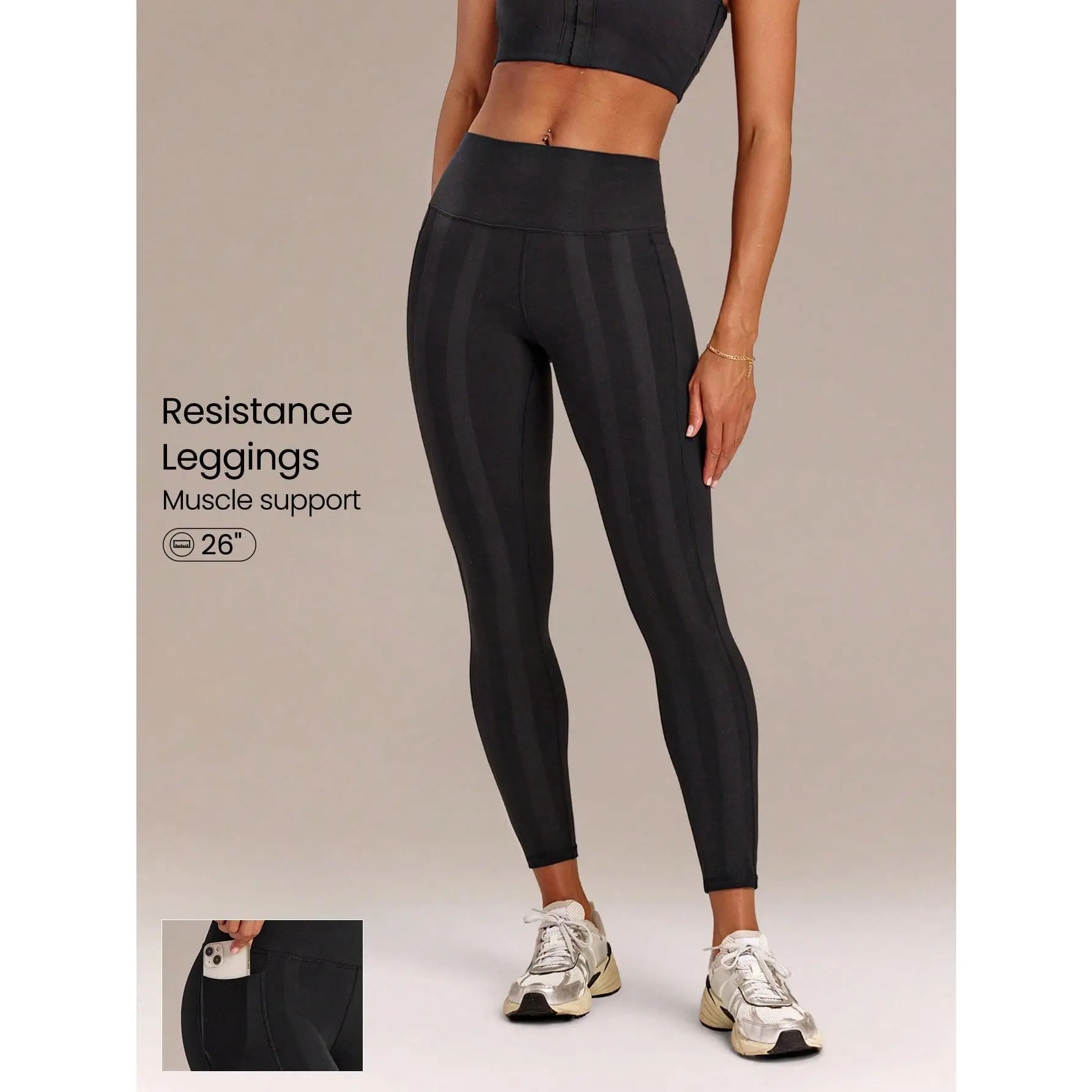 GLOWMODE 26" FeatherFit-Sculpt InstaCinch Tummy Control Non-See Through Compressive Resistance Leggings With Side Pockets Training Workout Gym Fitness