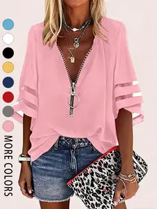 A women's solid color mesh spliced loose casual fashion V-neck zipper shirt with half bell sleeves, suitable for summer, daily casual wear, and going out. Blouse Top Womenswear