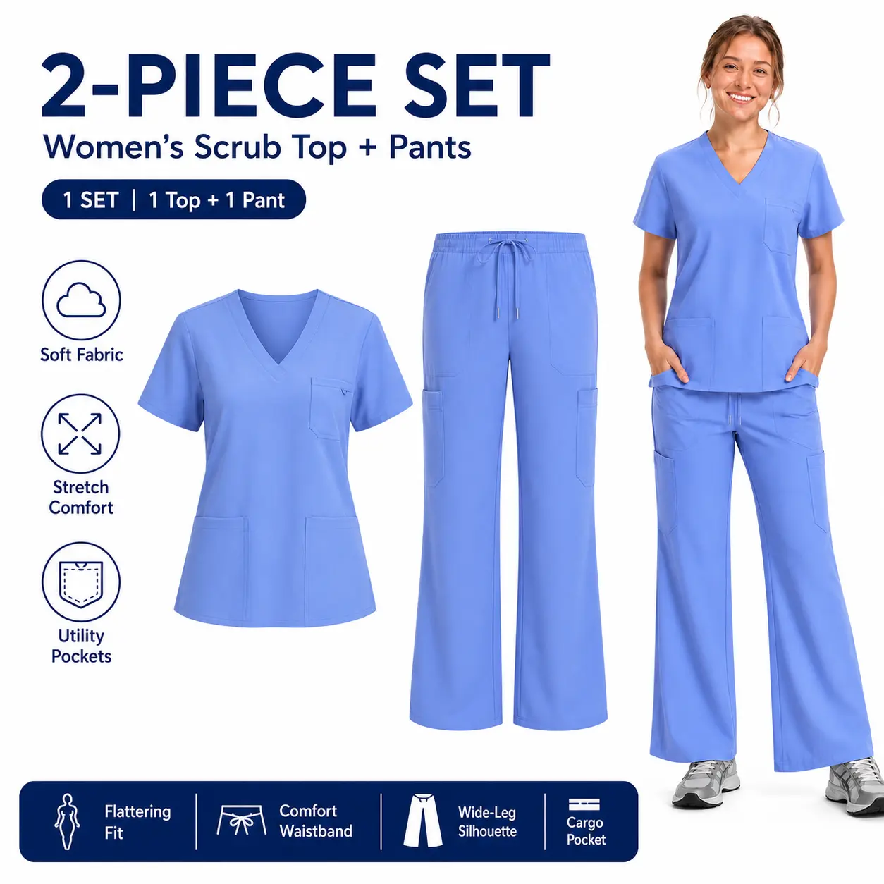 Women's 2-Piece Polyester Athletic Scrubs Sets - Relaxed Fit Short Sleeve V-Neck Top, Wide Leg Stretch Cargo Pants, Minimalist Workwear Uniform with Multiple Pockets, Elastic Drawstring Women's Clothes for Valentine's Day, Children's Day, Thanksgiving
