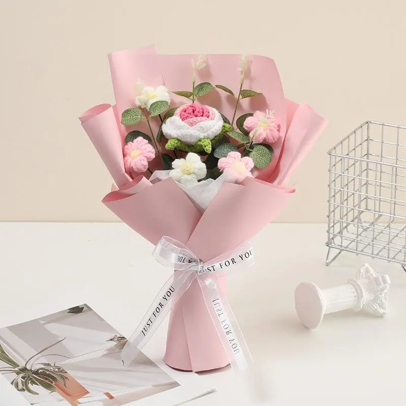 Handmade Crochet Flower Bouquet, Artificial Floral Decor, Birthday Gift Knitted Yarn Flowers, Home & Party Decoration Accessories, Artificial Flower Bouquets