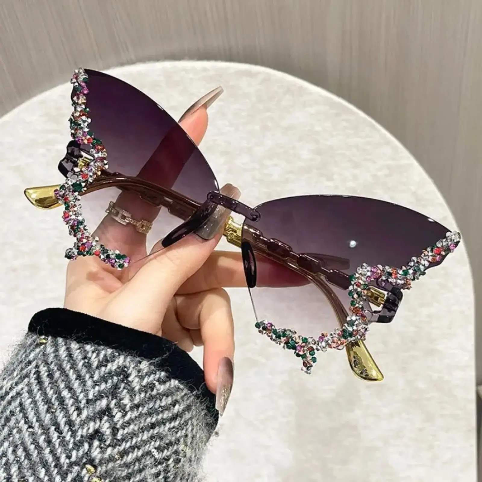 Unisex Butterfly Sunglasses with sparkling diamond decor and gradient PC lenses. Trendy summer eyewear, perfect for parties, daily styling and gifting for holiday occasions.