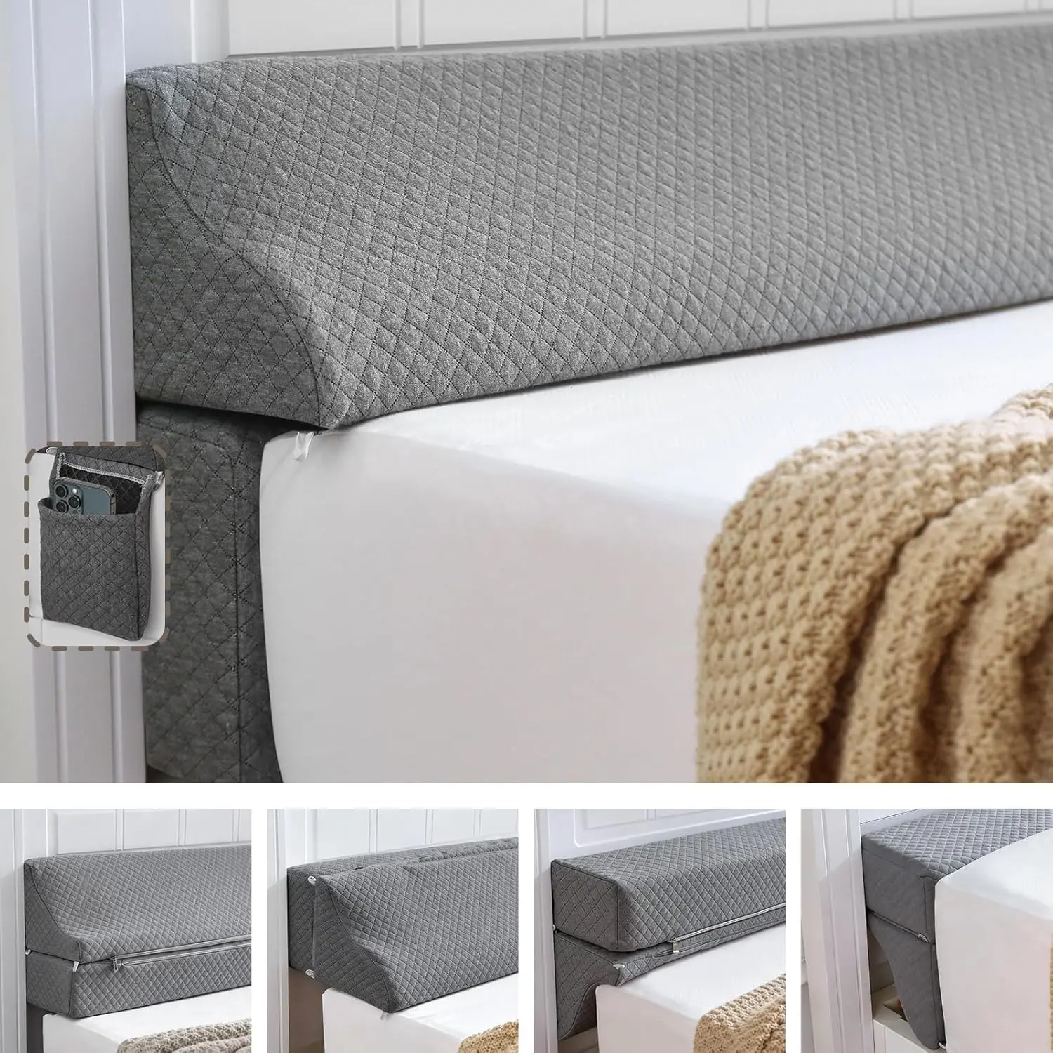 Bed Wedge Gap Filler Queen Size, Wedge Pillow for Headboard Gap, 60×10×6 in Foldable Mattress Gap Filler, Close The Gap (0–7"),Between Headboard and Mattress, Bed Crack Pillow, Gray