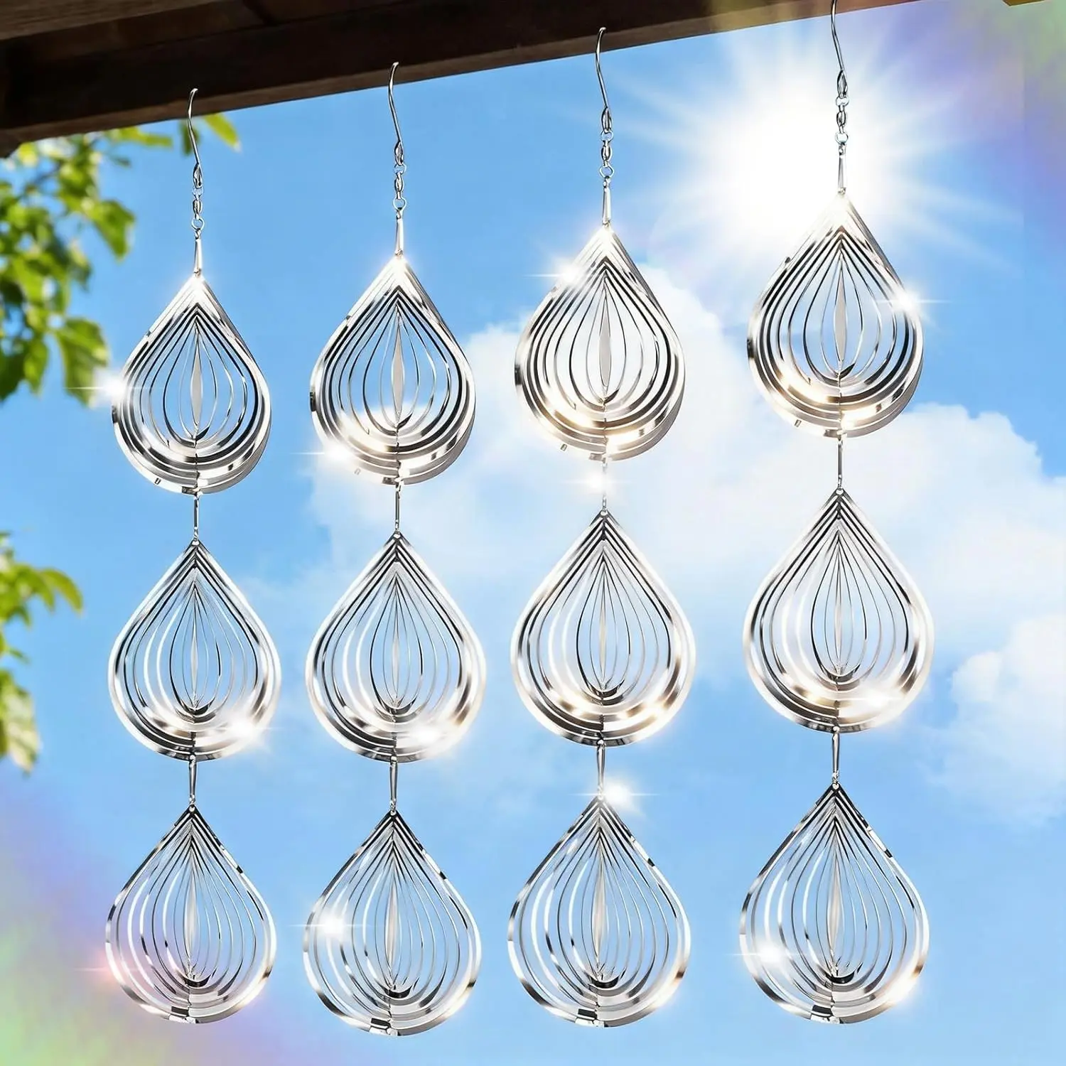 Bird Deterrents for Outside, 12 Discs Stainless Steel 3D Wind Spinners Garden Decor, 4 Sets Reflective Bird Scare Devices to Keep Woodpeckers, Pigeons Away from Patio, Balcony, Porch, Deck