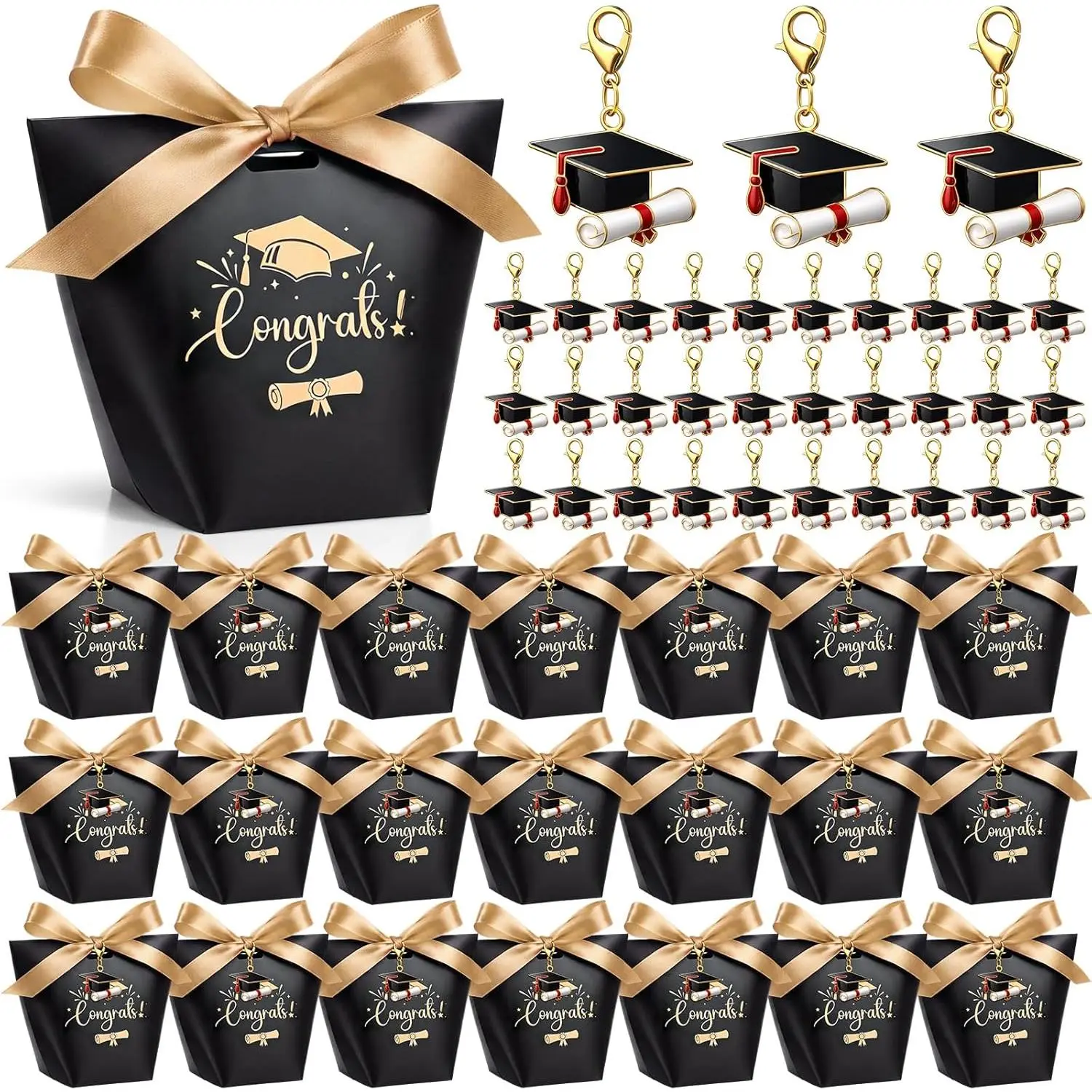 100 count Graduation Party Favors Included 50 Class of 2026 Candy Boxes 50 Graduation Cap Keychains with Ribbon Graduate Decorations 2026 Grad Party Favors Supplies(Black)