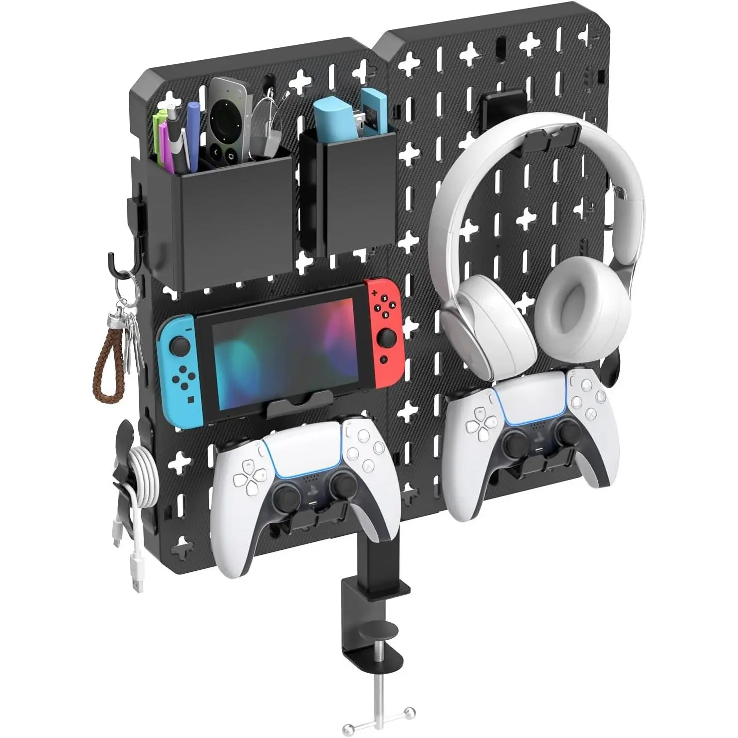 7 in 1 Clamp-on Desk Pegboard - No Drill Desk Side Storage with Phone Stand/Pen Holder/Storage Box/Headset & Controller Holder/Hooks, Detachable Gaming Pegboard for Office & Home Desktop OrganizerGift.
