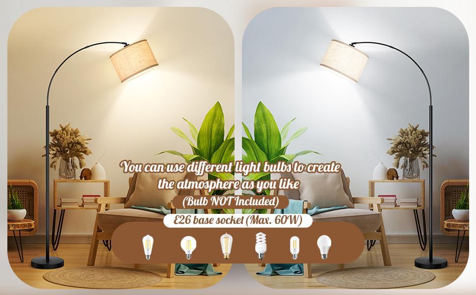 79'' Arc Floor Lamps for Living Room, Modern Standing Lamp with Adjustable Hanging Drum Shade, Black Tall Pole Lamp with Weighted Base & Edison E26 Socket, Corner Light for Reading Bedroom Office