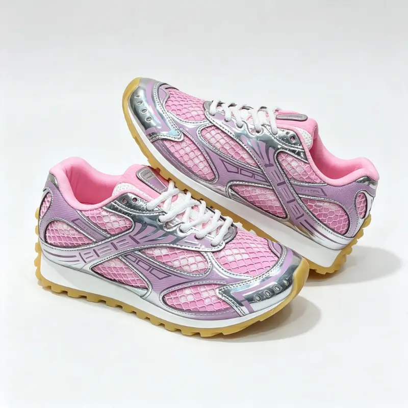 Women Retro Mesh Running Sneakers, Metallic Panel Low Top Lace Up Fitness Footwear, Y2K Fashion Casual Walking Trainers, Thick-soled Height-increasing Non Slip Outdoor Daily Athletic Shoes