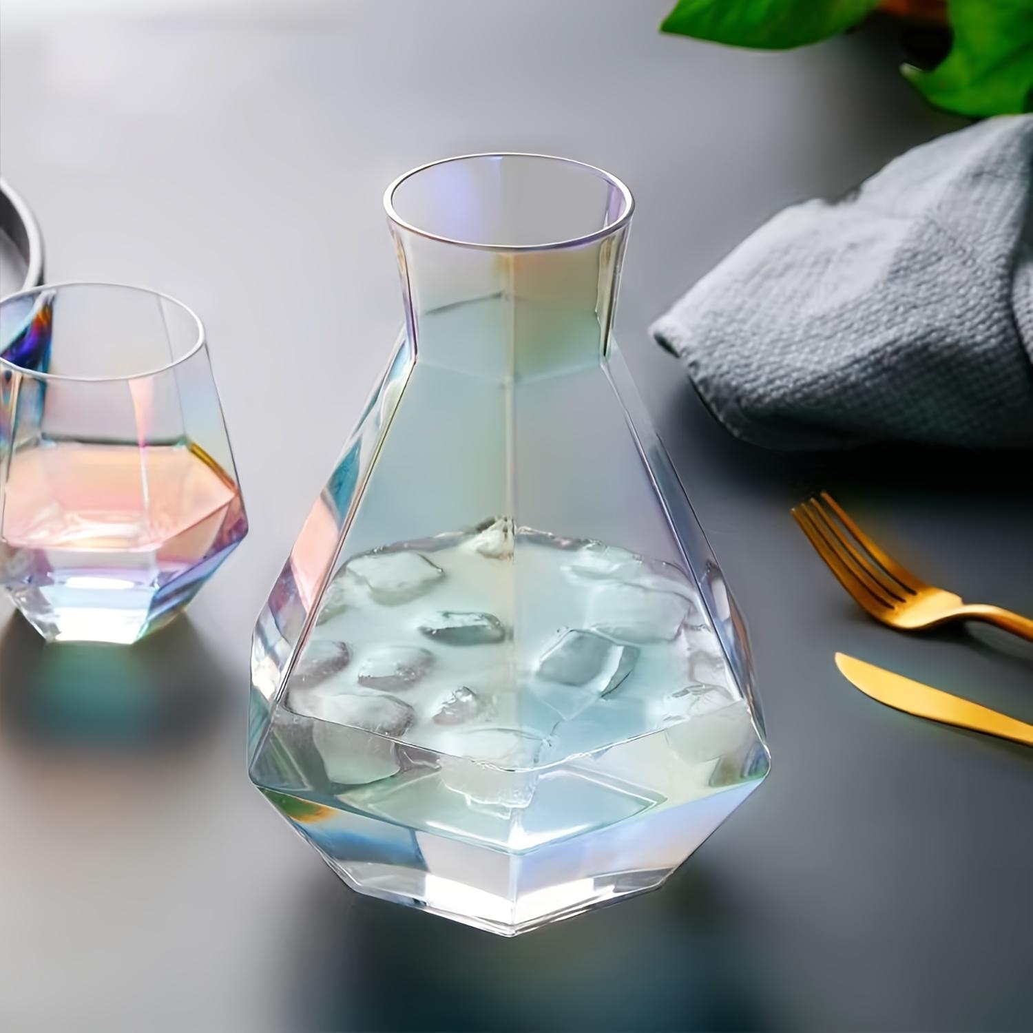 Diamond-Shaped Glass Pitcher and Tumbler Set with Wooden Lid Ball - 5 Piece Modern Water Carafe and Drinking Glasses Bundle for Whiskey, Scotch, Bourbon, Vodka - Elegant Beverage Serving Set