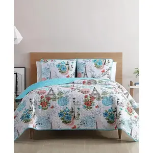 Home Blue Quilt for Queen Bed - 3-Piece Full or Queen Comforter Alternative, Bedspread Coverlet with Shams (Eiffel Paris Decor)