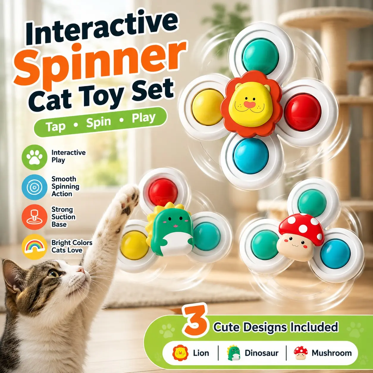 3-Piece Interactive Rotating Cat Toy Set, Strong Suction Design, Adheres to Smooth Surfaces, Ideal for Indoor Cats, Fun Playtime Accessories, Spin