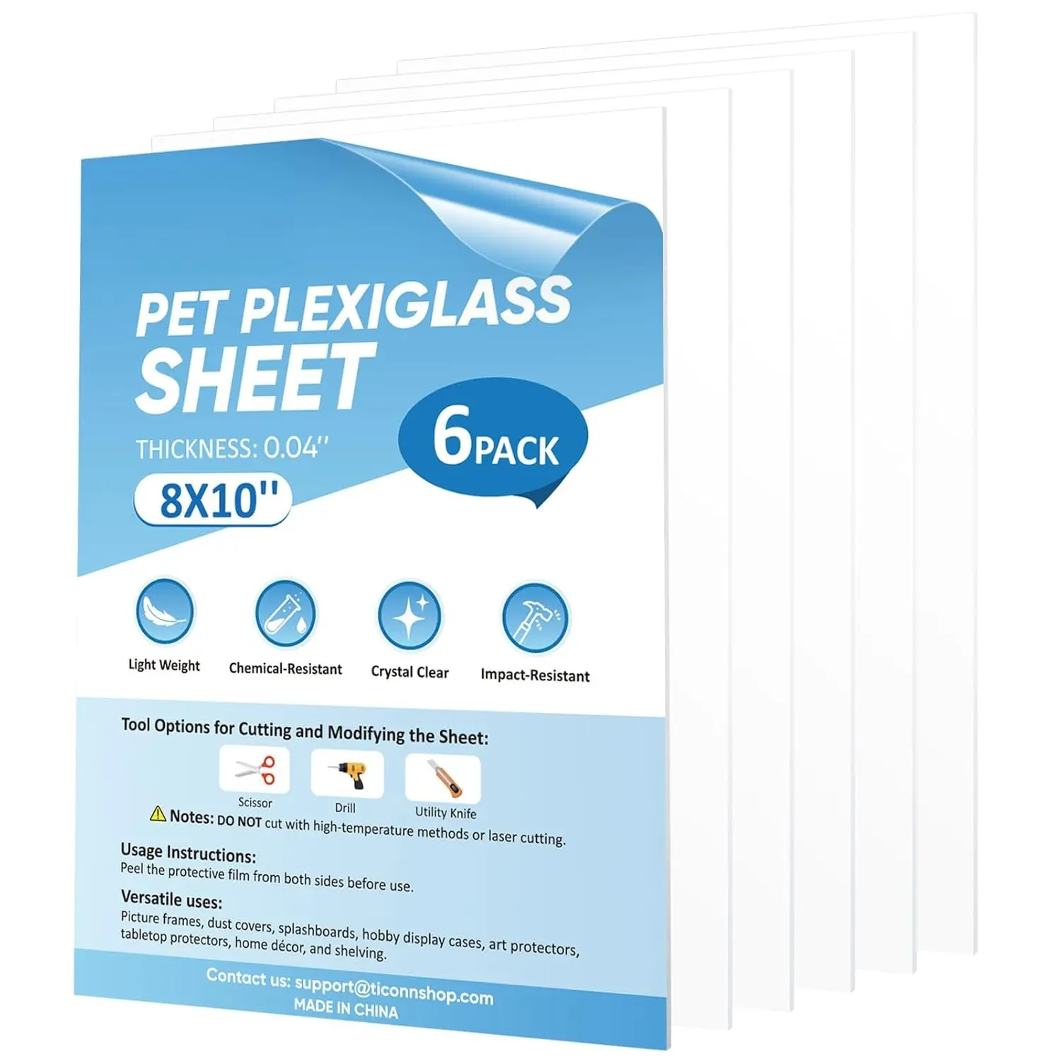 6PK 8" x 10"  Plexiglass Sheets, Clear Plastic Sheet, Easy to Cut Thin Flexible  Plastic Sheeting Panels for DIY Art Projects, Crafts, Picture Frames, Signs