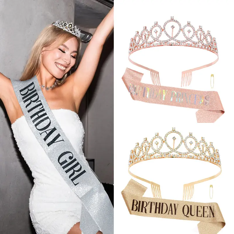 European American Birthday Crown & Sash Set, Crystal Tiara and Sash Kit for Birthday Girl Queen, Sparkly Party Decor Accessory for Birthday Celebration