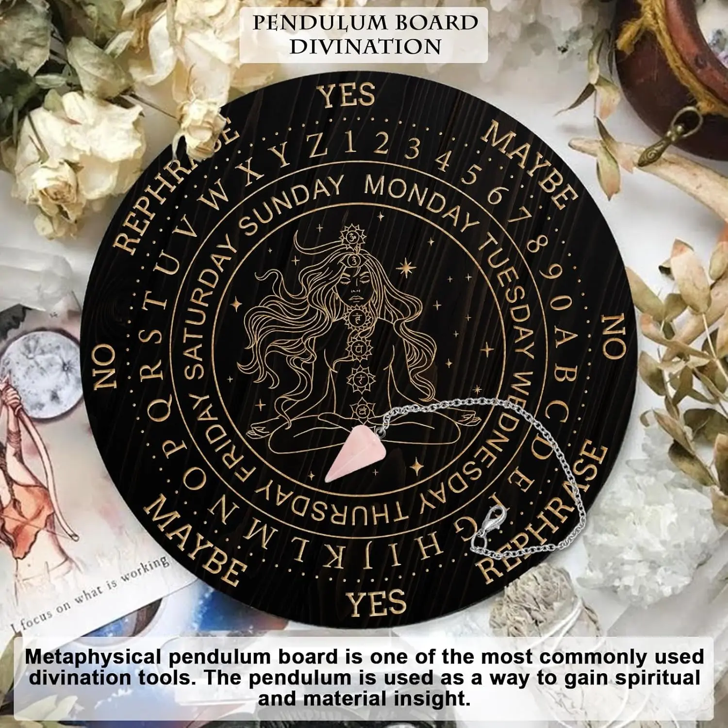 Pendulum Board Set, Wooden Dowsing Divination Tools Board Metaphysical Insight Message Board with Crystal Pendulum Necklace for Witchcraft Wiccan Altar Supplies Kit, Goddess Guidance, Wood Ornaments
