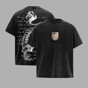 Men's Unisex Eren Yeager Attack on Titan Anime Art Short-Sleeve Round Neck Tshirt, Retro Vintage Washed Oversized Casual Fashion Top, Heavyweight Cotton Fabric Digital Print Streetwear Gift for Anime Fans