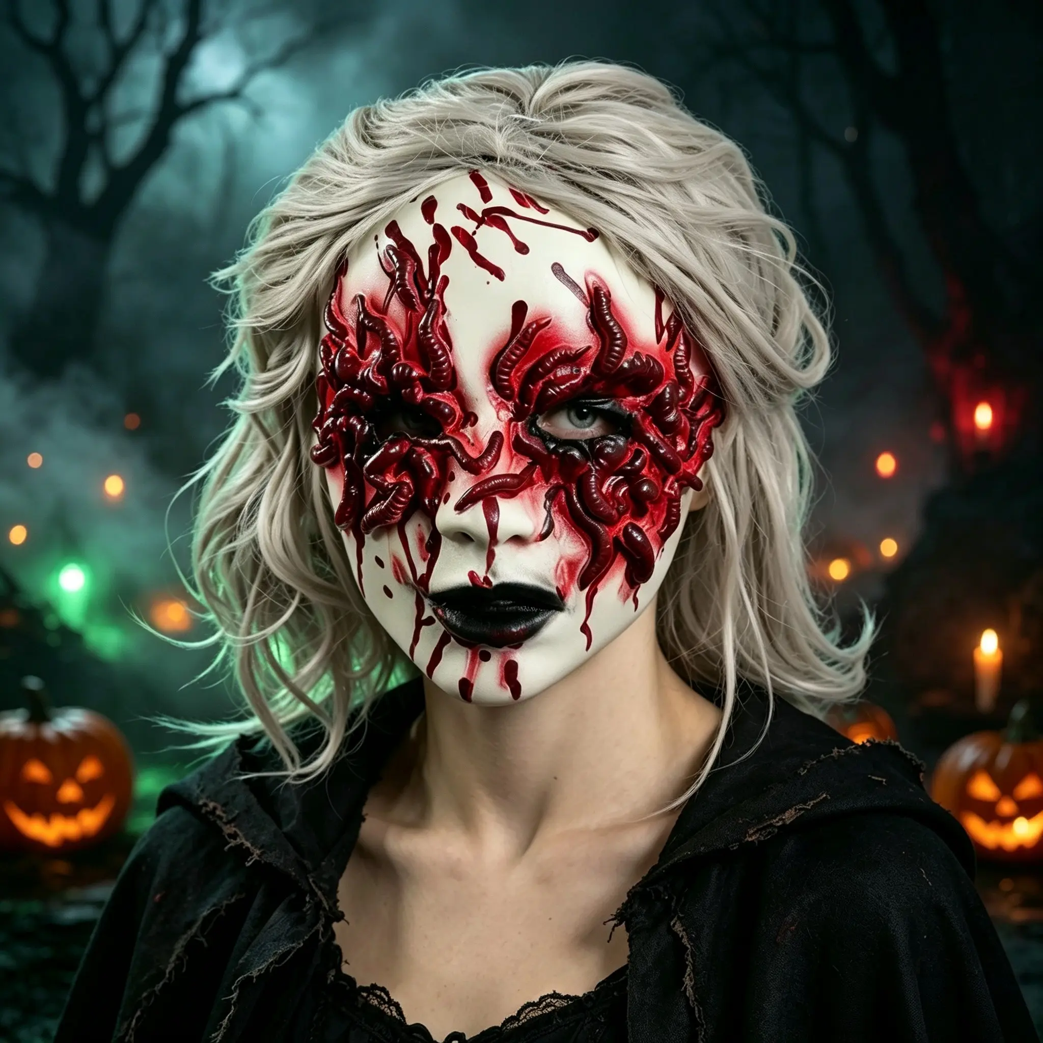 Halloween Bloody Worm Horror Mask with Grey Wig, Scary Full-Face Latex Mask for Haunted House & Party Cosplay