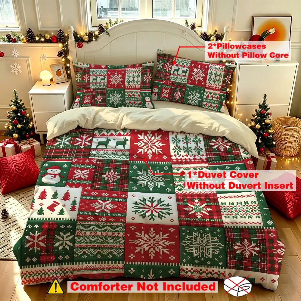3pcs Christmas Snowflake Plaid Duvet Cover Set, Includes 1 Duvet Cover & 2 Pillowcases, No Filling, Christmas Gift For Bedroom Hotel Dorm