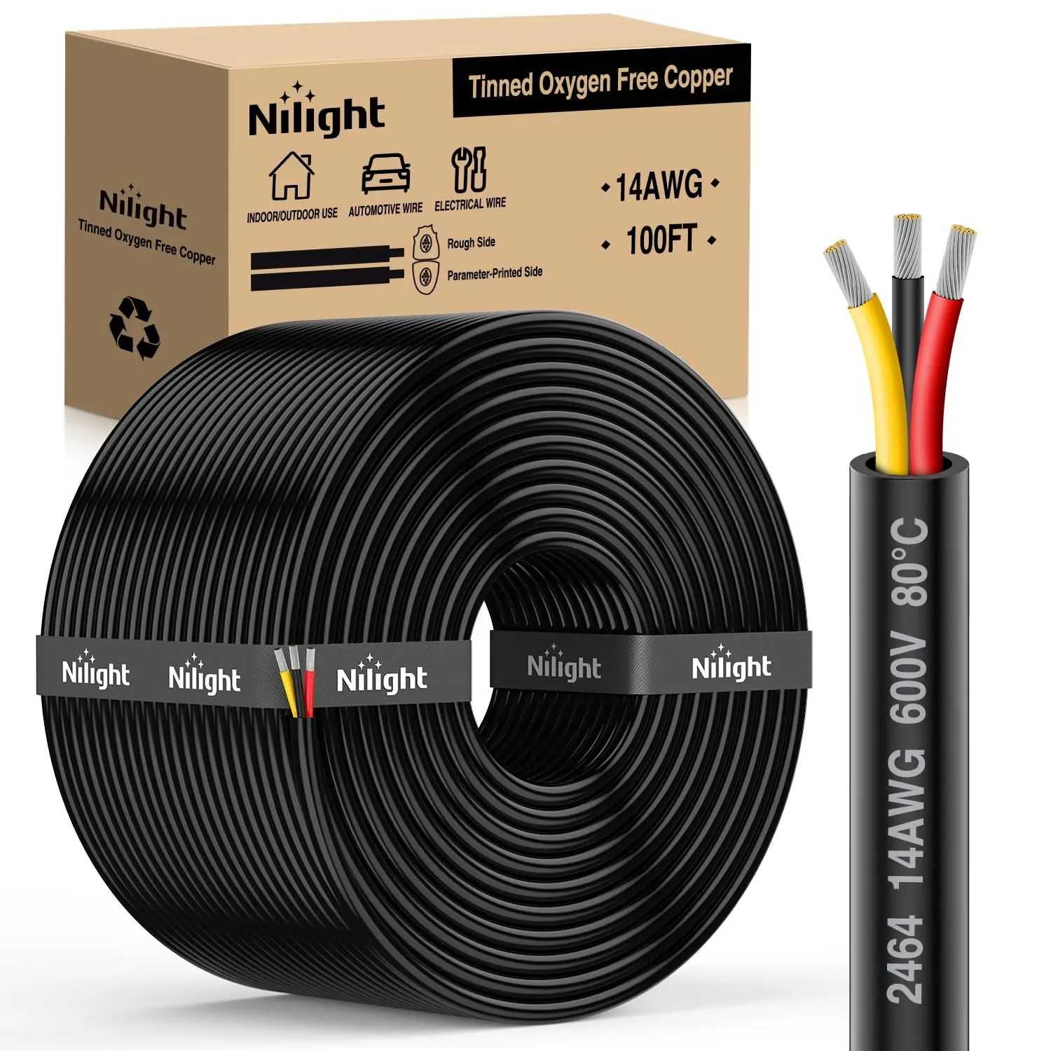 Nilight 3-Conductor PVC+Copper Wire Cable, 14AWG Tinned Oxygen-Free 100FT 600V DC Flexible Extension Cord, Red-Black-Yellow Parallel, Water-Resistant Outdoor-Safe Direct Burial Cable Tie, Solder-Ready Heat-Shrink Anti-Corrosion for LED Strips, Lamps