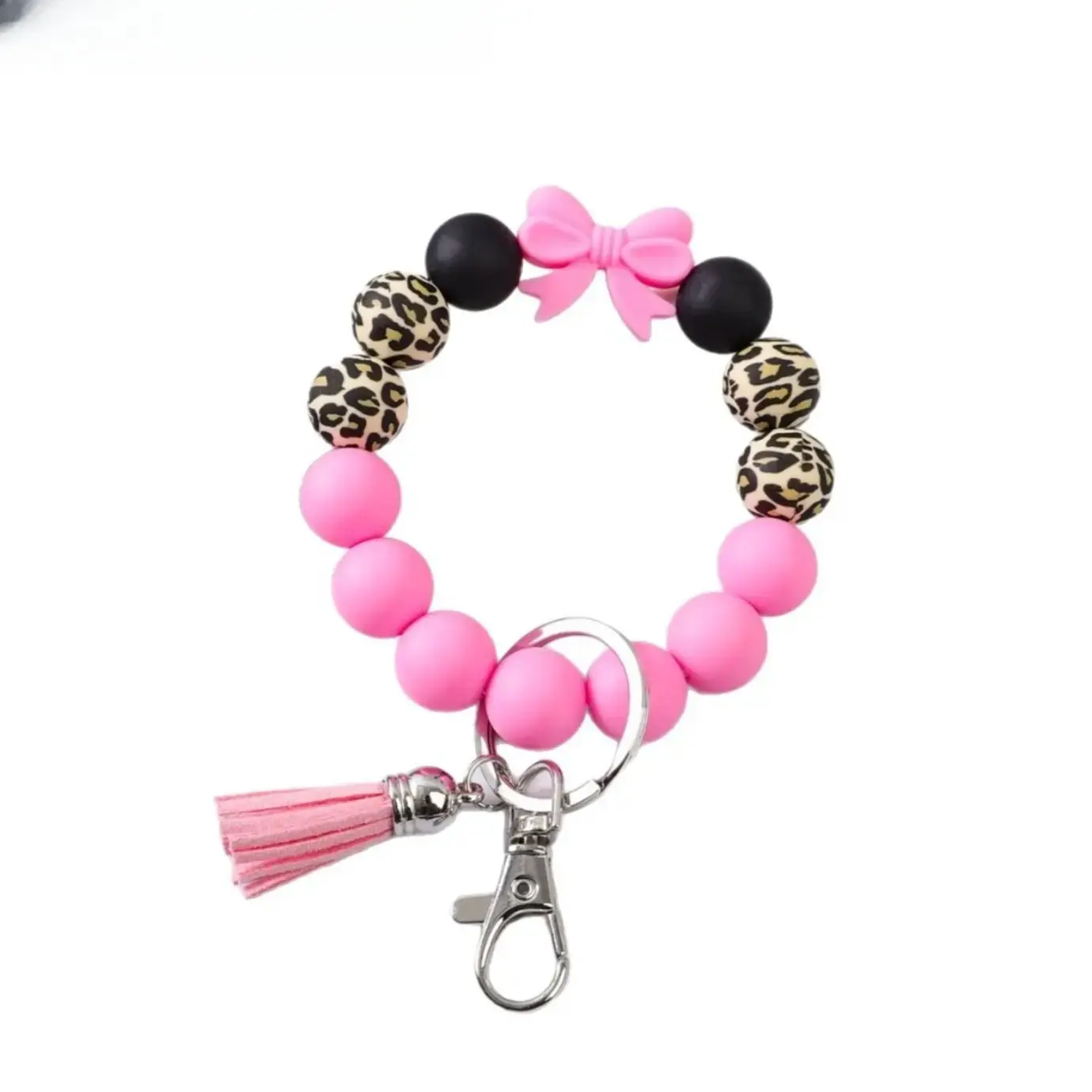 Silicone Wristlet Keychain for Women, Stretchable Beaded Key Ring with Bow Charm, Dainty Sporty Accessory for Daily Hands-Free Use, Smooth, Keychains For Women, Ladies, One-Piece