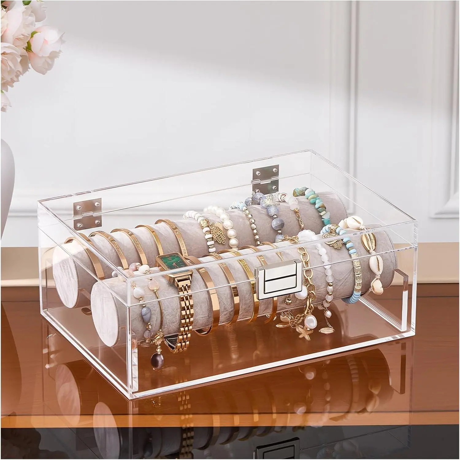 Bracelet Organizer Box, Clear  Display Holder for Bangles Watches, Jewellery Accessories Storage Case for Women -No Drawer
