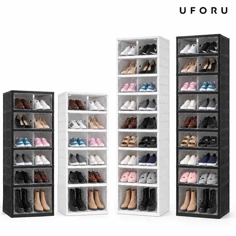 UFORU folding shoe rack, magnetic transparent door shoe cabinet, 9 layers, can store 18 pairs of shoes, simple design, large capacity, sturdy and stackable plastic shoe cabinet, space-saving, no installation required