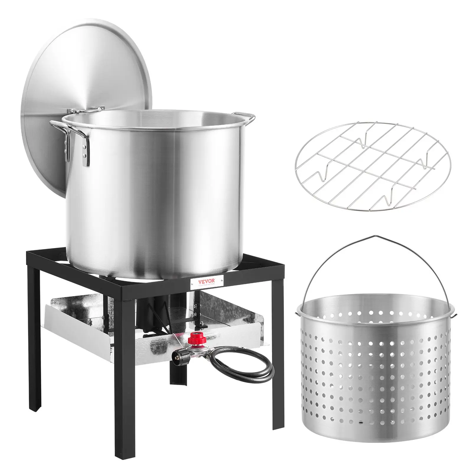 VEVOR 80 Qt Complete Outdoor Seafood Boiling Set with Aluminum Pot, Strainer Basket, Steamer Rack, and 100000 BTUs Propane Burner – Cooking Kit for Crab, Crawfish, Lobster, Complete Kit